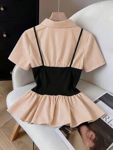 GlowEve Women's Colorblock Striped Short Sleeve Ruffle Button Front Fashion 2-In-1 Shirt, Suitable For Spring/Summer Vacation, Casual, Commute, Daily Wear, Versatile - Coffee Brown - View 2
