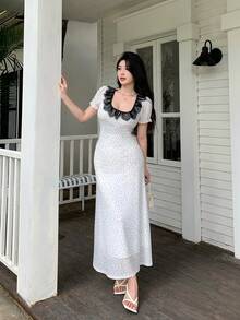 Modelyn 白色网纱波点撞色蕾丝荷叶边下摆法式优雅度假夏季中长连衣裙（女款） - 黑與白 - 查看 5