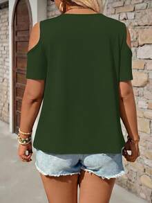 Breezaya Camiseta de hombros descubiertos de unicolor casual de verano para tallas grandes - Azul Cadete - Ver 2