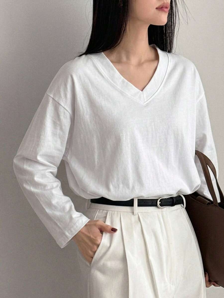 Dazy-Less Women's White Loose Fit Long Sleeve Business Casual T-Shirt, Autumn - White - View 1
