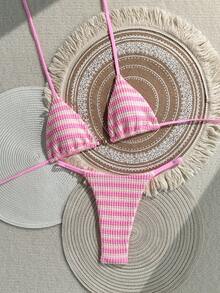 Swim Mod Women's 26 Spring/Summer New Blue & White Striped Textured Fabric Small Sun Metal Decor V-Neck Backless Triangle Wrap Rope Studded Bikini Swimsuit 2-Piece Set - Pink - View 3