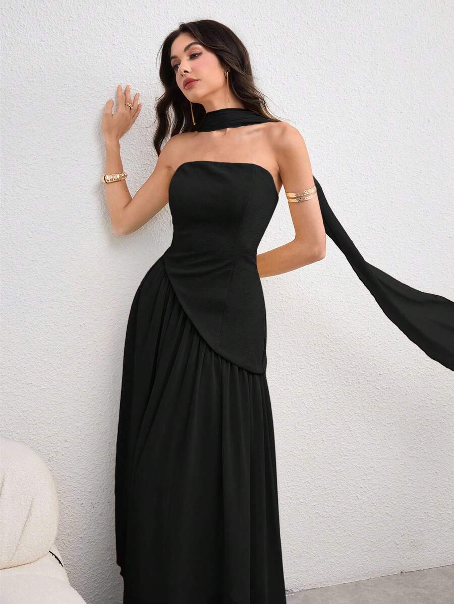 Modelyn Women's Long Strapless Pale Yellow Asymmetrical Ribbon Scarf Neck Elegant Charming Umbrella Hem Dress For Spring And Summer - Black - View 1