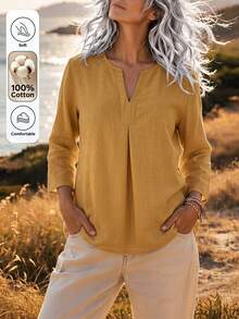 EMERY ROSE Middle-Aged And Elderly Women's Linen Shirt, Ginger Yellow Linen V-Neck 3/4 Sleeve Blouse, Loose Fit Flattering Slimming Top For Moms - Mustard Yellow - View 1