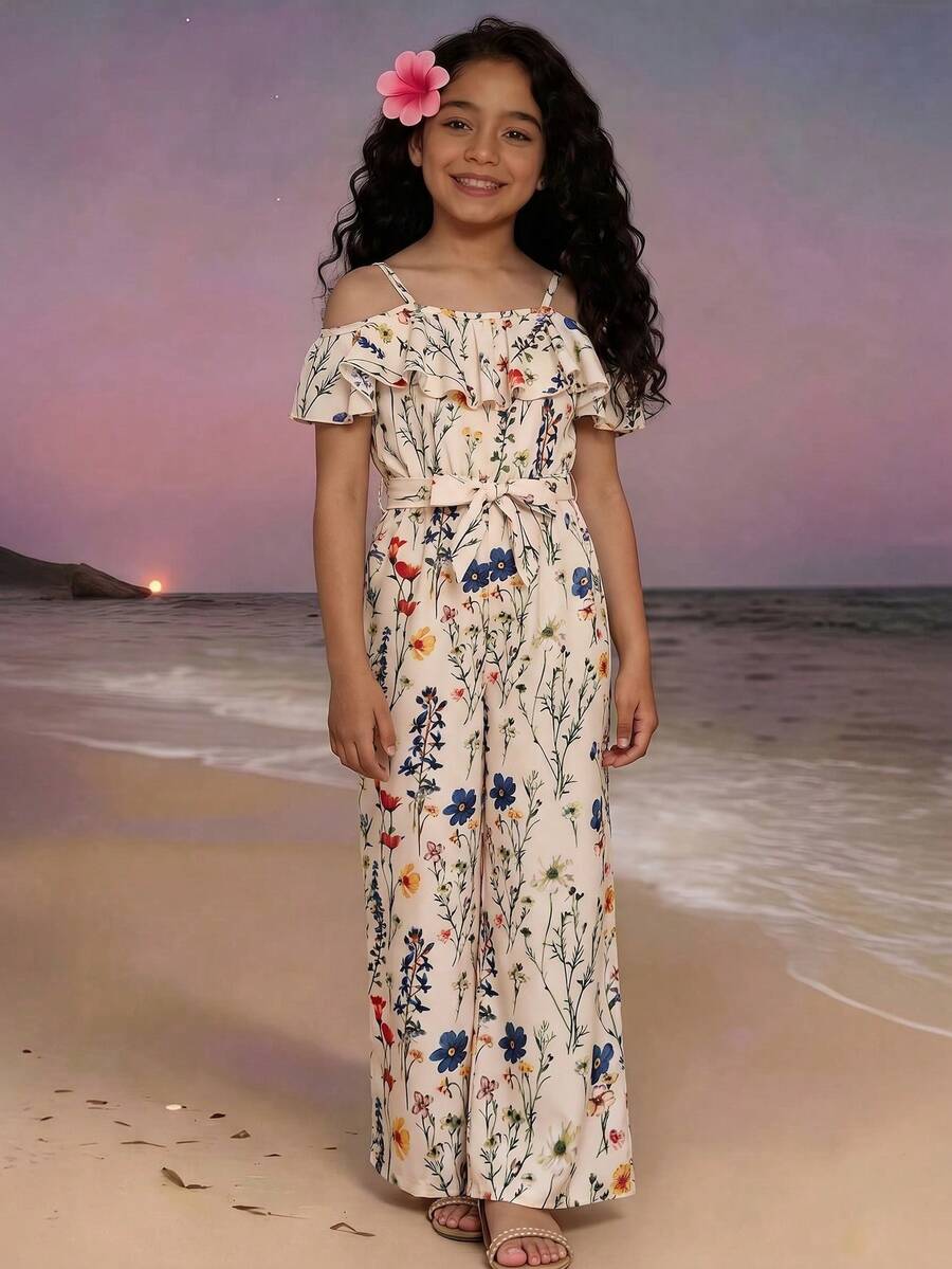 SHEIN Tween Girls Off-Shoulder Jumpsuit, Summer Beach, Bohemian Floral Print, Vacation, Daily, Casual - White - View 1