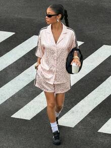 Muchica 女士春夏黑色豹纹提花宽松衬衫短裤套装，适合户外穿着，街头风衬衫短裤套装 - 杏色 - 查看 6