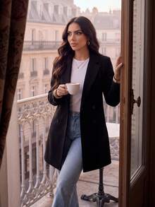 SHEIN Lady Lapel Neck Double Breasted Overcoat In Fall/Winter - Black - View 6