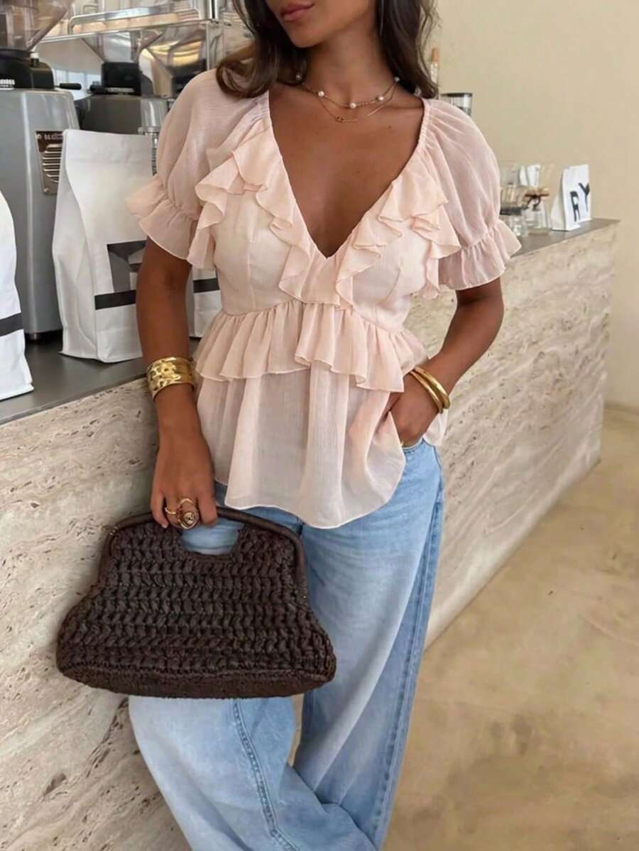 Aloruh Blusa bohemia con volantes para vacaciones de mujer - Marrón - Ver 1