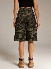 SHEIN Tall Quần short Bermuda nữ họa tiết rằn ri, có túi, dáng rộng, thoải mái, kiểu cargo, quần short rằn ri. - xanh quân đội - Xem 2