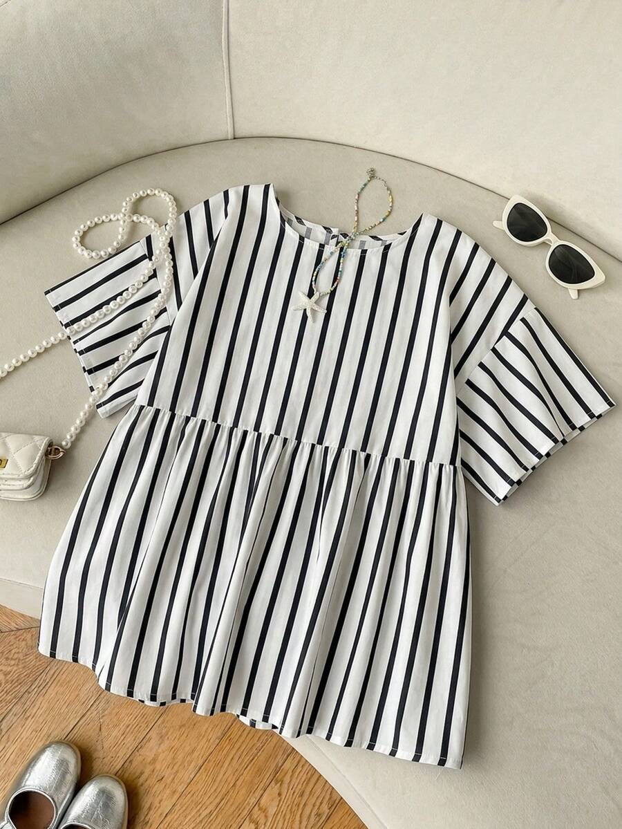SHEIN EZwear 女款休閒圓領短袖上衣、女款條紋襯衫、女款夏季服飾 - 彩色 - 查看 1