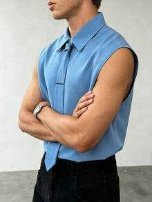 Manfinity Dauomo Men's Fashionable Solid Color Casual Sleeveless Shirt - Baby Blue - View 4