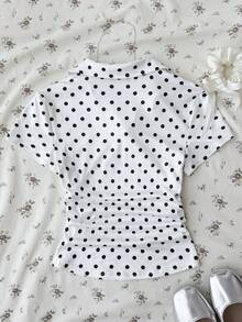 Tween Girl Knit Polka Dot Print Turn-Down Collar Waist Gathered Short Sleeve Casual T-Shirt - White - View 2