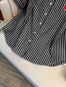 SHEIN Clasi 休閒寬鬆短袖襯衫與短褲條紋大尺碼兩件套 - 黑與白 - 查看 7