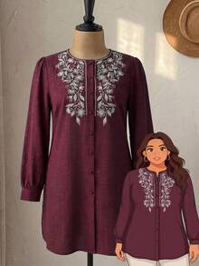 Veilorie Plus Size Women's Spring/Autumn Casual Vacation Style Floral Embroidery Lantern Sleeve Loose Long Shirt - Burgundy - View 4