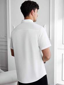 Core Aspect 男士休閒商務對比滾邊織帶對比設計寬鬆短袖襯衫，正式款 - 白色 - 查看 3