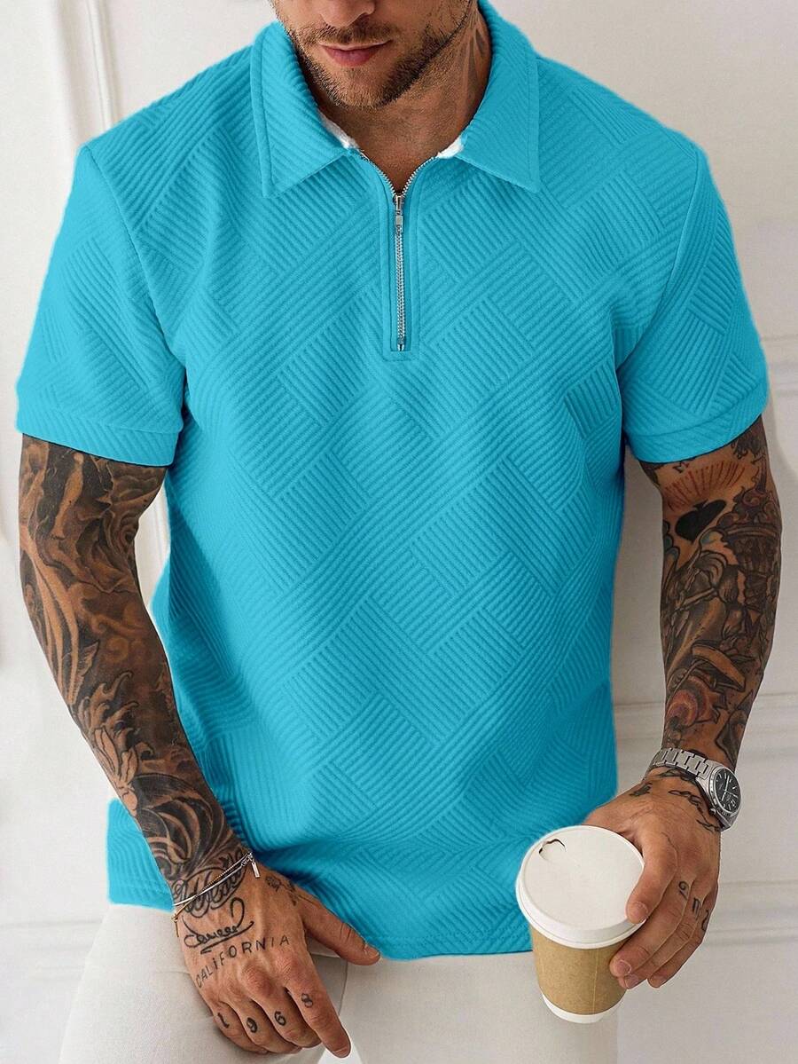 Manfinity Homme 男士短袖 1/4 前拉鍊極簡風格 Polo 衫 - 藍色 - 查看 1