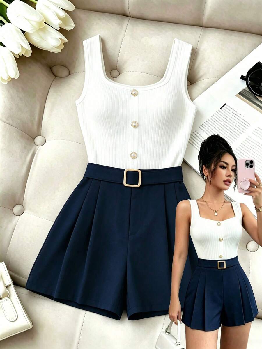 SHEIN Clasi Women's Solid Color Contrast Design Tank Top Style 2 In 1 Romper, Navy Blue And White Patchwork Brunch, With Belt, Pearl Button Decoration, Elegant - Blue and White - View 1
