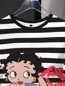 Betty Boop x SHEIN Camiseta Feminina com Estampa de Desenho Animado e Listras - Branco - Visão 4