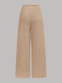Girlism Teen Girl Khaki Solid Color Pleated Texture Cropped Halter Top Paired With Solid Color Wide Leg Pants 2pcs Set, Suitable For Vacation, Holiday, Lunch, Music Festival And Outings In Spring And Summer - Khaki - View 8