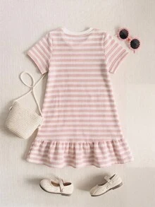 SHEIN Gaun Longgar Serbaguna Motif Bunga Lucu Bergaris Merah Muda dari Kain Bertekstur untuk Anak Perempuan - Berwarna merah muda - View 2