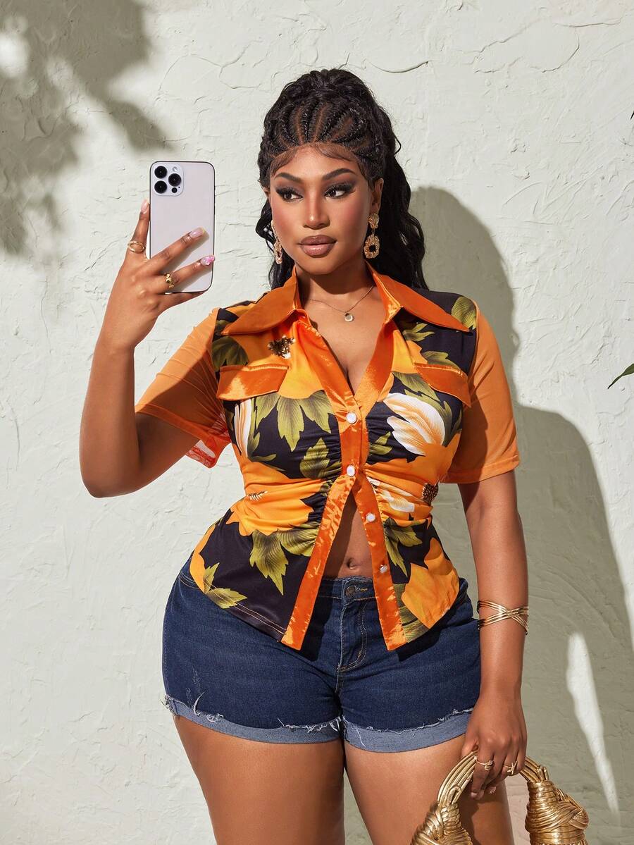 Maweii Chemise vintage américaine sexy à grand imprimé floral, col à revers, manches en maille, taille cintrée, blouse amincissante grande taille, vacances, noir, été - Orange - Voir 1