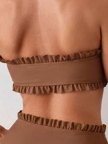 Swim Mod Women's Summer Beach Solid Color Ruffle Trim Bandeau Bikini Set With Front Knot, Two Pieces Swimwear Black Bathing Suits - Coffee Brown - View 6
