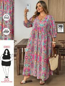 SHEIN CURVE+ Plus Size Paisley Print V-Neck Loose Lantern Sleeve Dress - Multicolor - View 7