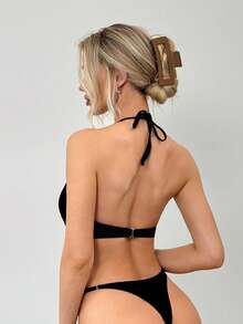 SHEIN Summerbeach Women's Solid Color Rivet Decor Halter Neck Sexy One-Piece Swimsuit - Black - View 2