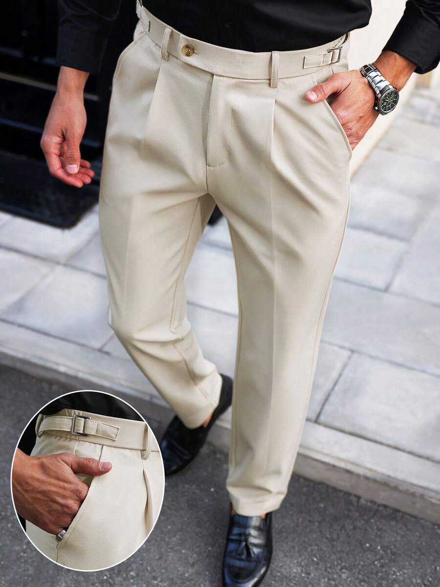 Manfinity Mode Men's Solid Color Pleated Straight Leg Casual Formal Pants With Pockets, Fall - Apricot - View 1