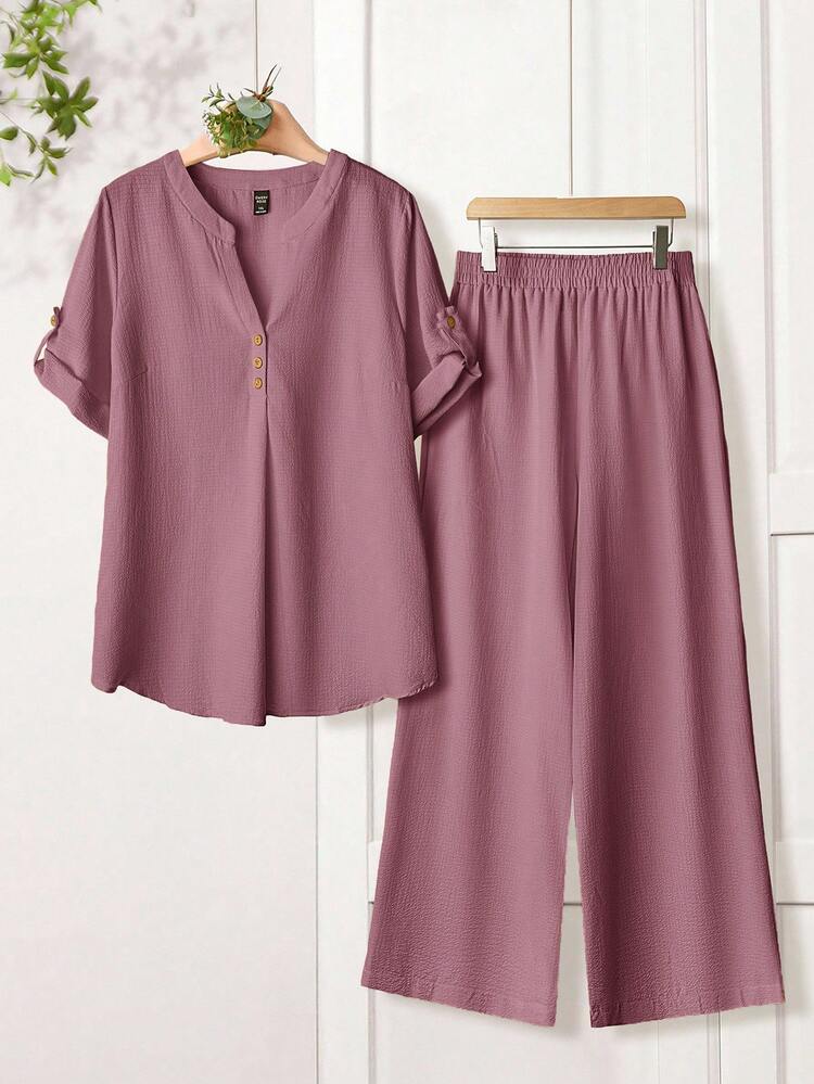 Plus Size Women's Solid Color Notch V-Neck Rolled Hem Short Sleeve Shirt And Pants Casual Two Pieces Set