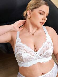 Hourtrue Plus Size Women Fashion Lace Patchwork Underwire Bra - White - View 6