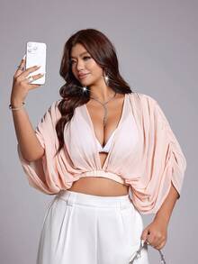 Viva Relle Plus Size Light Pink Chiffon Ruched Puff Sleeve Cropped Blouse, Sexy Style Loose Batwing Sleeve Waist-Baring Top, Gentle Style, Vacation Style, Date, Summer New Arrival - Pink - View 1