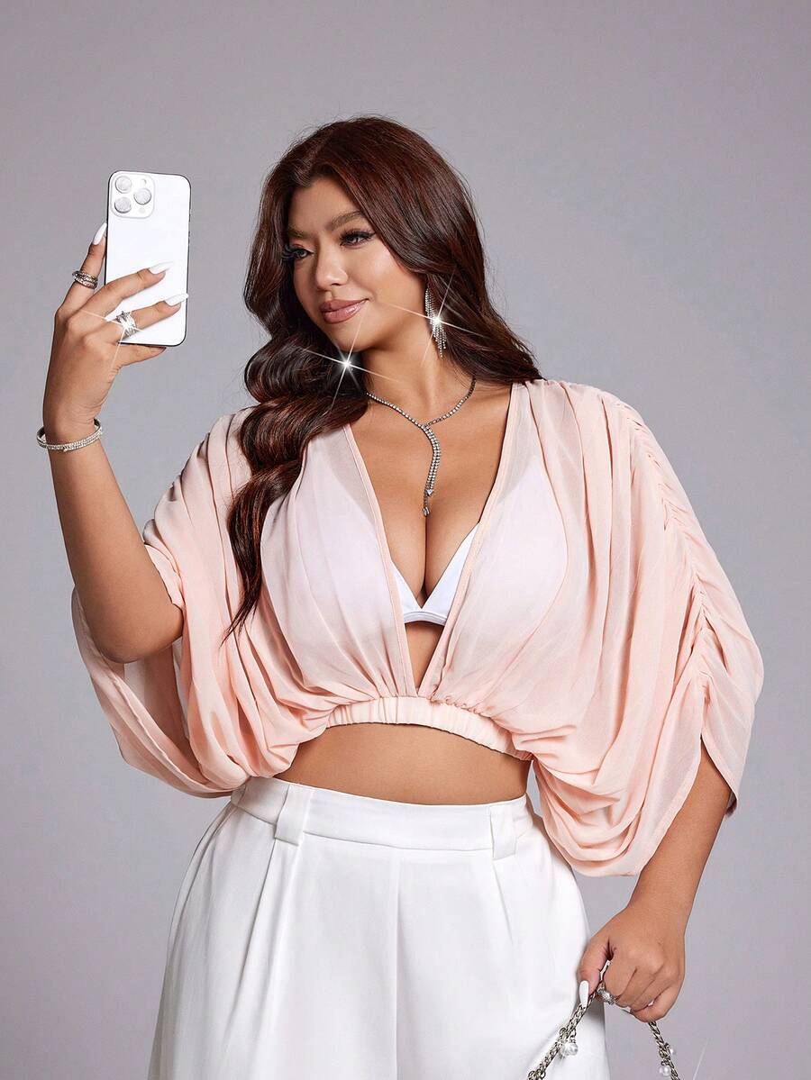 Viva Relle Plus Size Light Pink Chiffon Ruched Puff Sleeve Cropped Blouse, Sexy Style Loose Batwing Sleeve Waist-Baring Top, Gentle Style, Vacation Style, Date, Summer New Arrival - Pink - View 1
