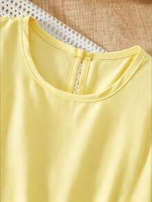SHEIN Explorewe 2件組素色春夏季女童套裝 - 網格長袖短版上衣與無袖圓領洋裝 - 黃色 - 查看 5