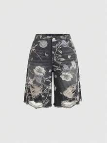 ROMWE Fairycore Vintage Floral Print Washed Plus Size Women's Loose Wide Leg Denim Capri Pants - Black - View 5