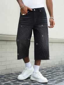 Manfinity EMRG Herren Lässig Gewaschene Jeans mit Strass-Verzierung 3/4 Länge - Schwarz - Übersicht 7