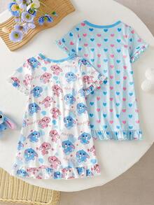 2件組女童幼童圓領短袖睡裙 夏季藍白波點卡通芭蕾女孩圖案 A字版型荷葉邊下擺 蝴蝶結裝飾 柔軟針織面料 透氣舒適 居家休閒睡衣套裝 - 藍色 - 查看 2