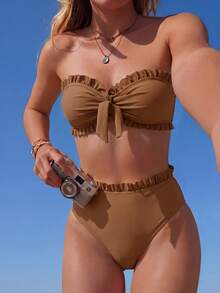 Swim Mod Women's Summer Beach Solid Color Ruffle Trim Bandeau Bikini Set With Front Knot, Two Pieces Swimwear Black Bathing Suits - Coffee Brown - View 1