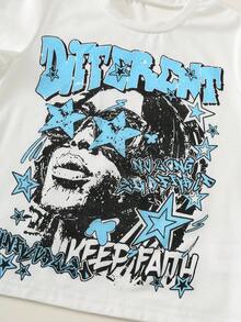 SHEIN 兒童青少年男孩/女孩，青少年男孩 2件組春季/夏季休閒時尚街頭風圖案短袖T恤與牛仔短褲套裝，青少年男孩套裝，夏季服裝，街頭風，牛仔，牛仔褲 - 藍色 - 查看 4
