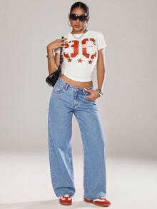 SHEIN PETITE Quần jeans nữ cạp thấp ống rộng suông dáng rộng phong cách tối giản đa năng mặc thường ngày đi làm - Rửa nhẹ - Xem 4