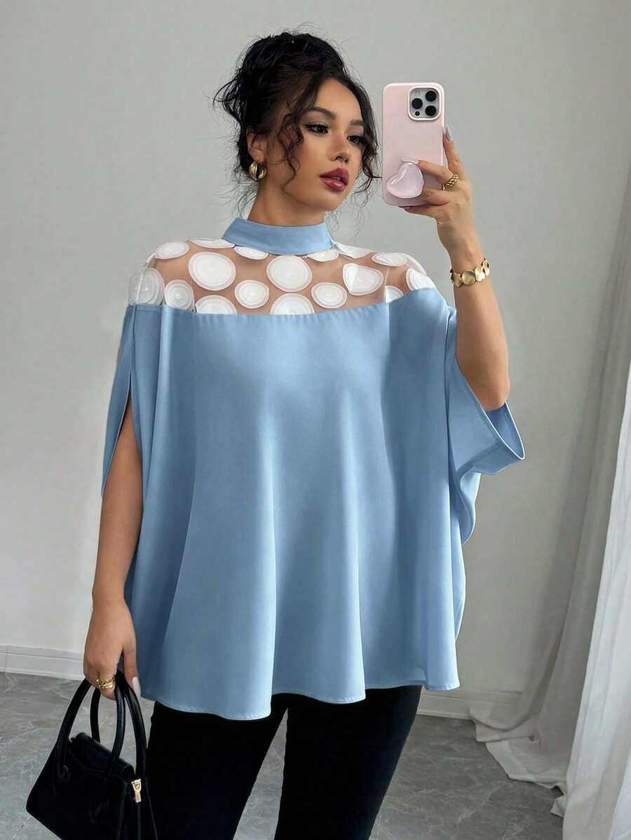 Elenzga Blusa de mujer de moda casual con patrón 3D, parche de malla, manga dividida y cuello alto, adecuada para primavera, verano y otoño - Celeste - Ver 1
