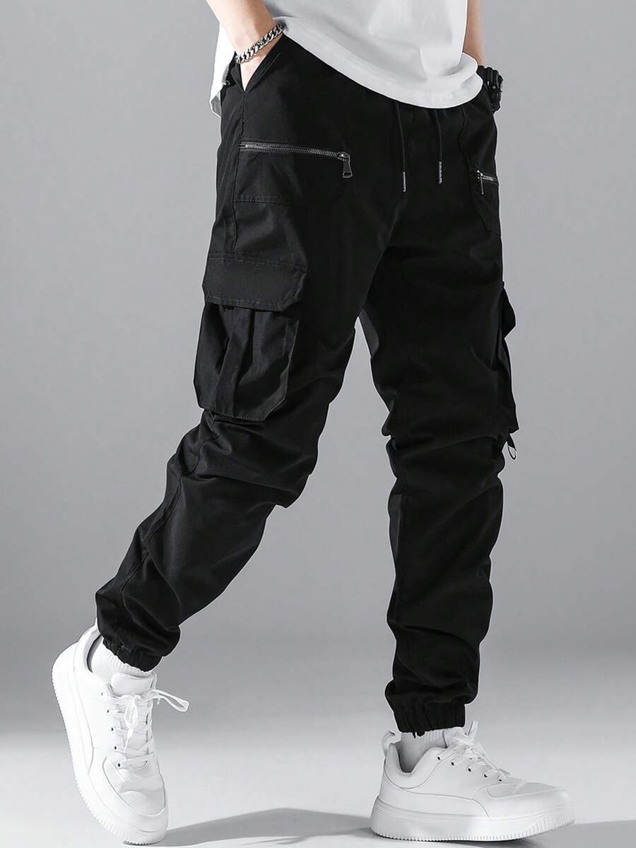 Manfinity Hypemode Men Flap Pocket Side Drawstring Waist Cargo Trousers - Black - View 1