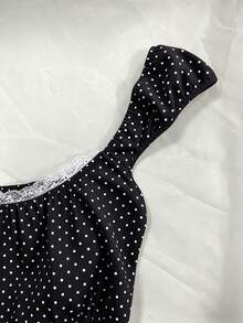 IslaSuriya Navy Blue Polka Dot Square Neck Puff Sleeve Tie Waist Blouse - Black and White - View 3