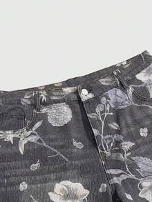 ROMWE Fairycore Vintage Floral Print Washed Plus Size Women's Loose Wide Leg Denim Capri Pants - Black - View 3