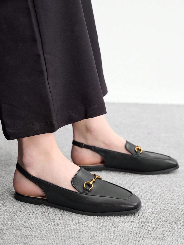 CUCCOO BIZCHIC Women Shoes Black Horseback Buckle Muller Tug, Square Head Flat Bottom Commuter Versatile Lazy Half Slippers