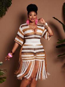 Maweii Plus Size Women's Knitted Two Pieces Set, Various Colors, Diverse Styles, Short-Sleeved Top + Shorts, V-Neck, Fringed Decoration, Resort Style, Seaside Style, Sexy Style, Loose Style, Flowing Style, Sexy Style, Girlish Style, Women's Casual Wear, Women's Knitted Set, Women's Clothing, Summer, Spring, Swimsuit, Tight Swimsuit, Knitted Swimsuit - Multicolor - View 6