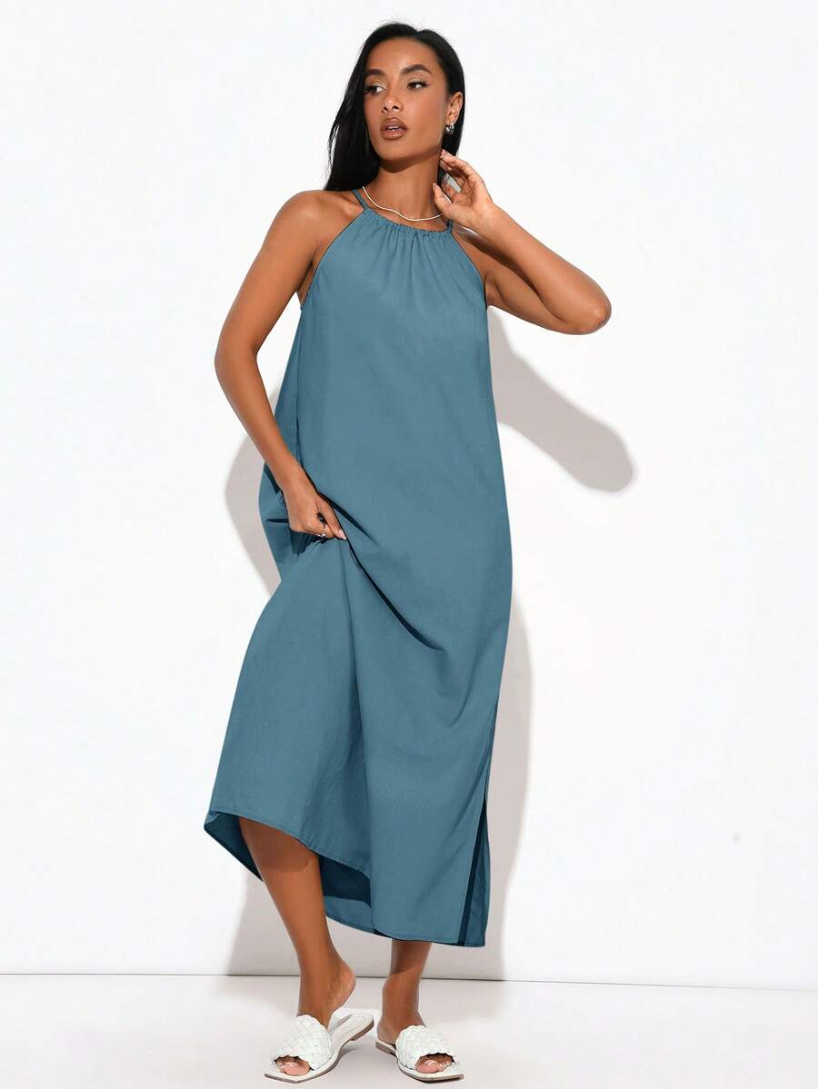 SHEIN BASICS 女款編織掛脖側開衩洋裝