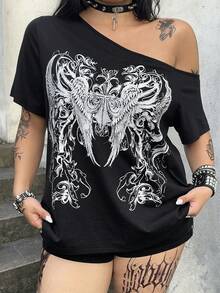 Whyspr Plus Size Casual Sexy Asymmetric Neck Back Cutout T-Shirt Print Top - Black - View 7