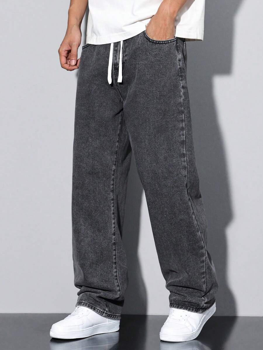 Manfinity Hypemode Jeans anchos de cintura con cordón para hombre, holgados - Gris - Ver 1