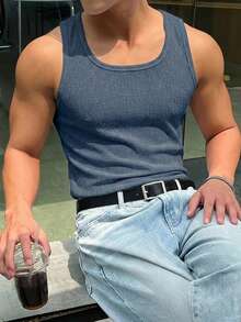 DAZY 男士素色羅紋修身彈性面料休閒百搭背心 夏季 - 藍色 - 查看 3