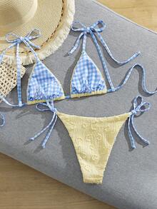 Swim Mod Conjunto de bikini de tela texturizada con estampado de cuadros, sexy y dulce, para vacaciones de playa en primavera/verano - Amarillo - Ver 6